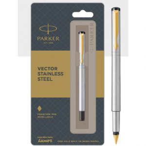 Parker vector stainless steel fountain pen with gold trim